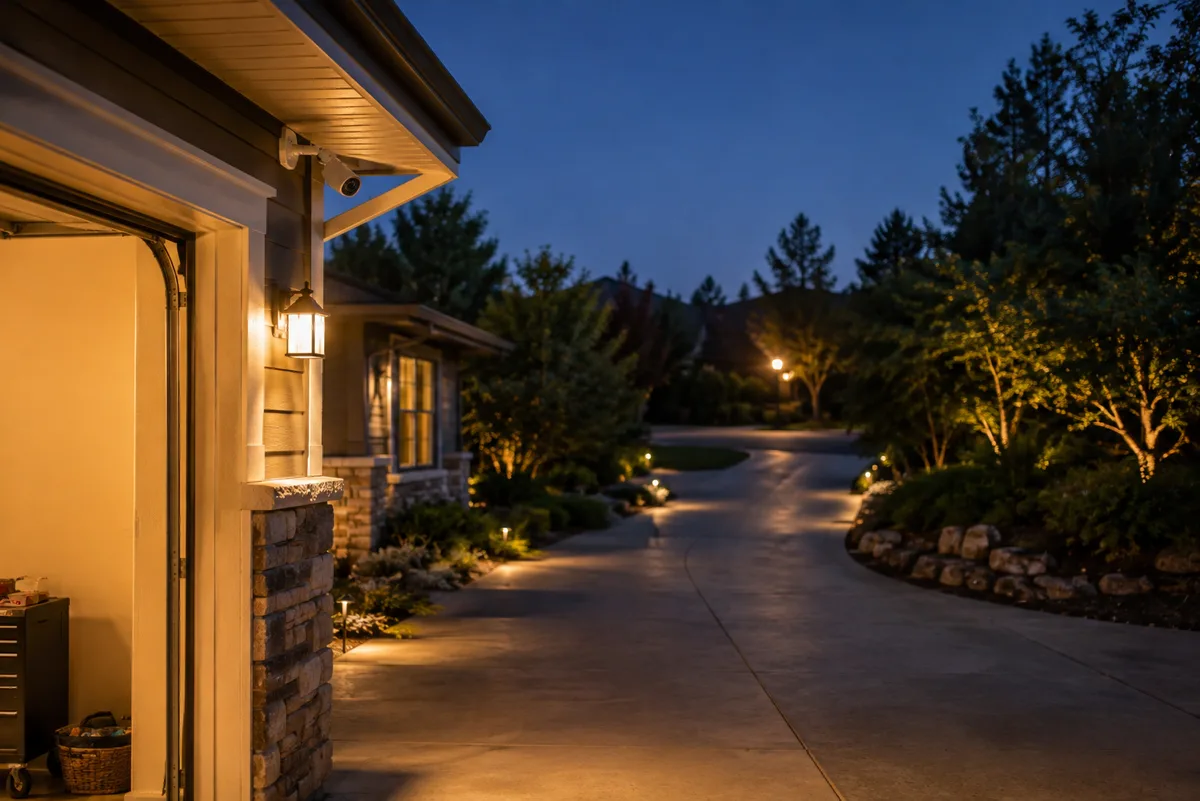 A softly lit driveway at evening, watched over by a discreet camera