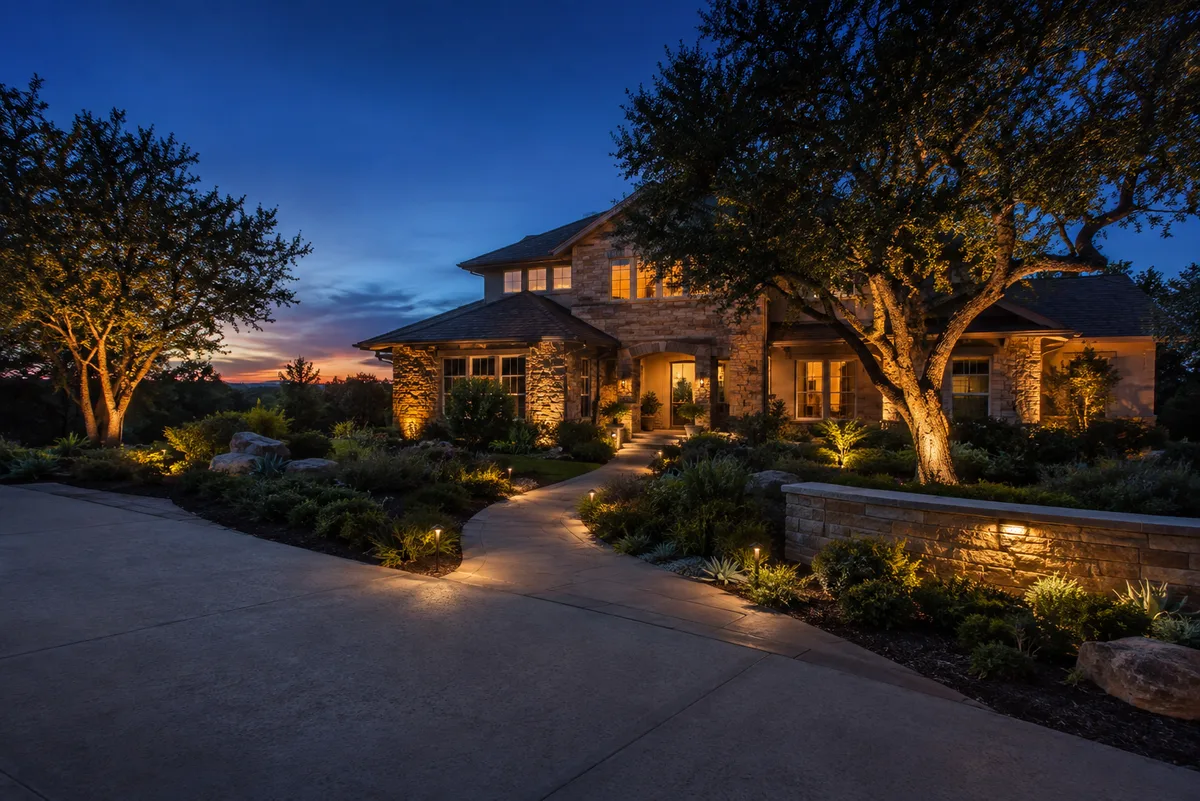 Warm landscape lighting washing a home's facade and walkway at dusk