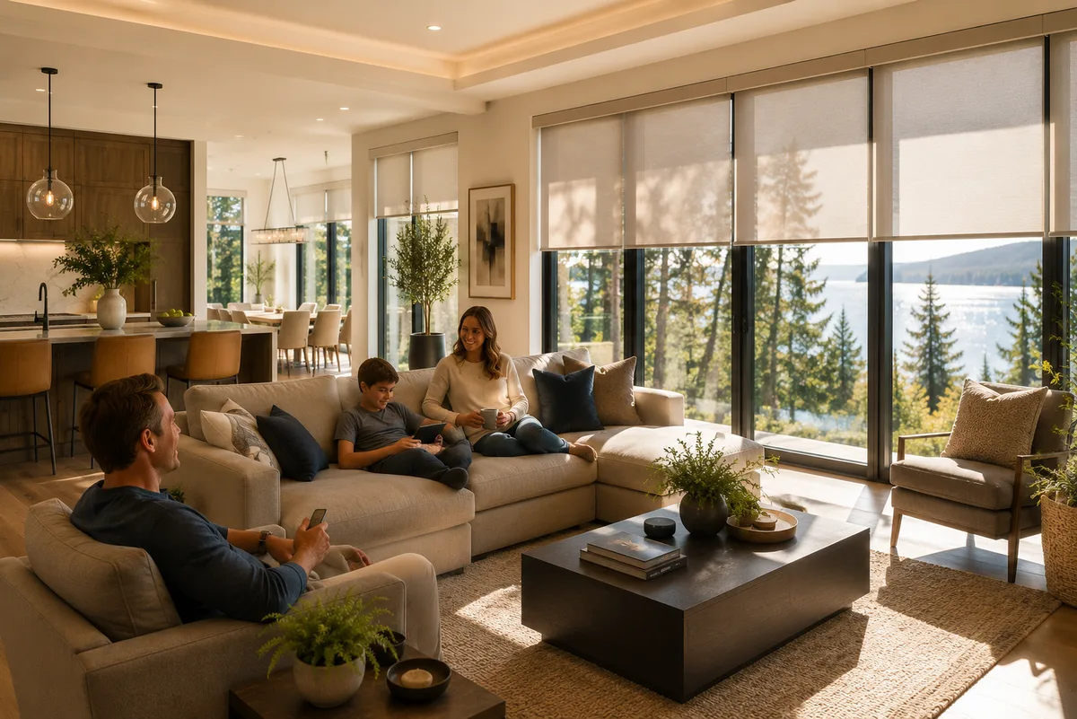 Sunlit living space with shades adjusting as afternoon light shifts