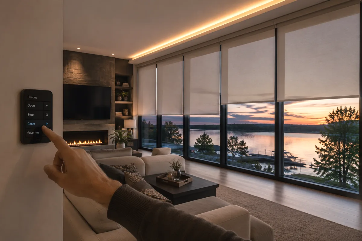Motorized shades gliding down a wall of windows