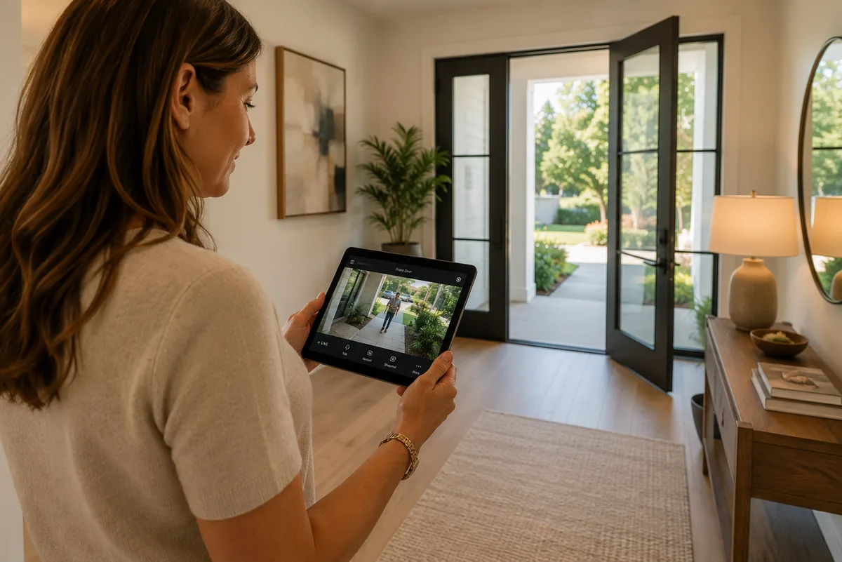 Homeowner checking a camera feed on a tablet by the door