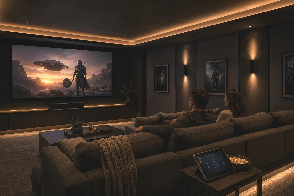 Dedicated home theater room with glowing screen and hidden speakers